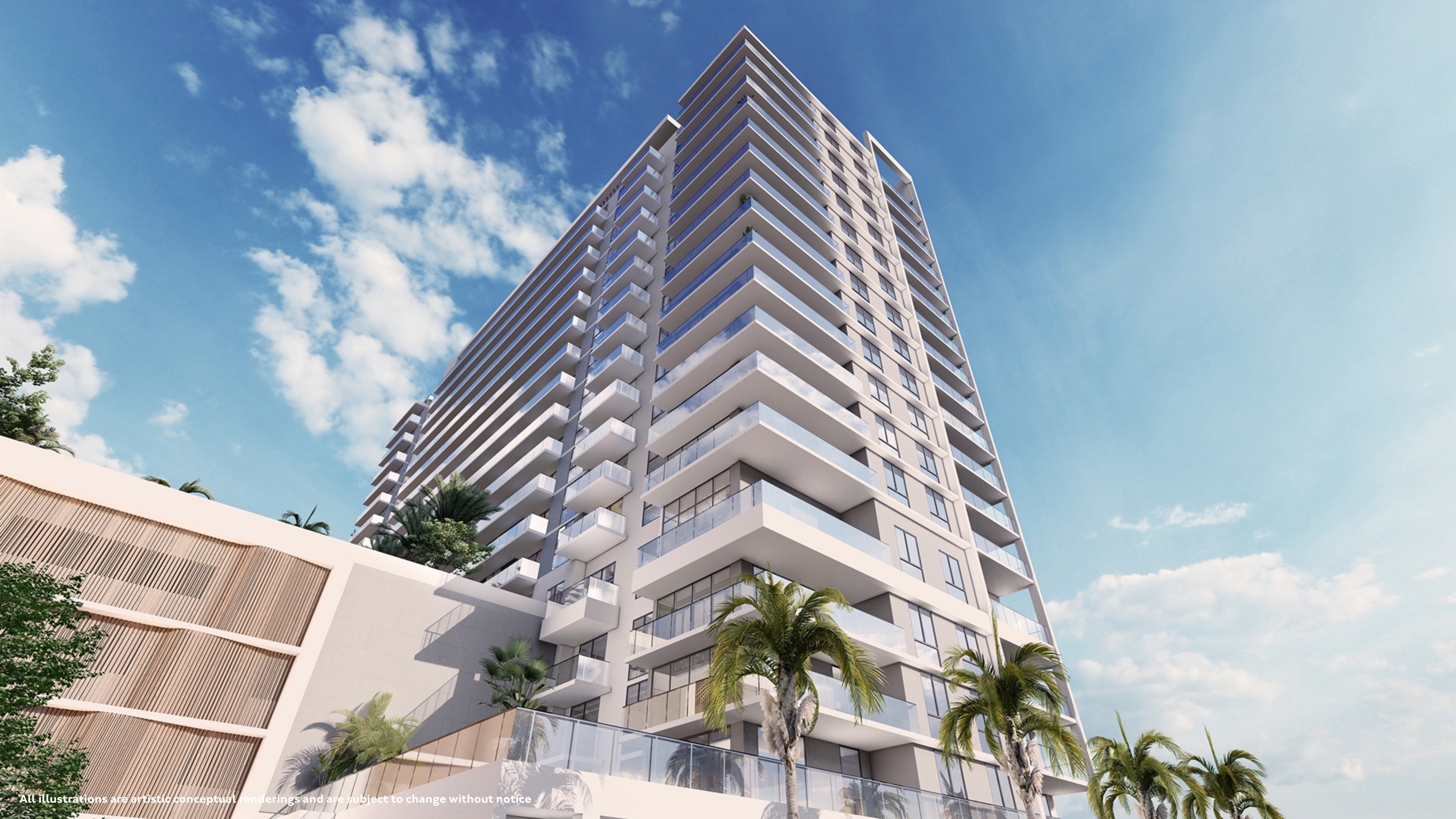 Vista exterior do Gaia Residences em luz dourada — Hollywood, Florida.