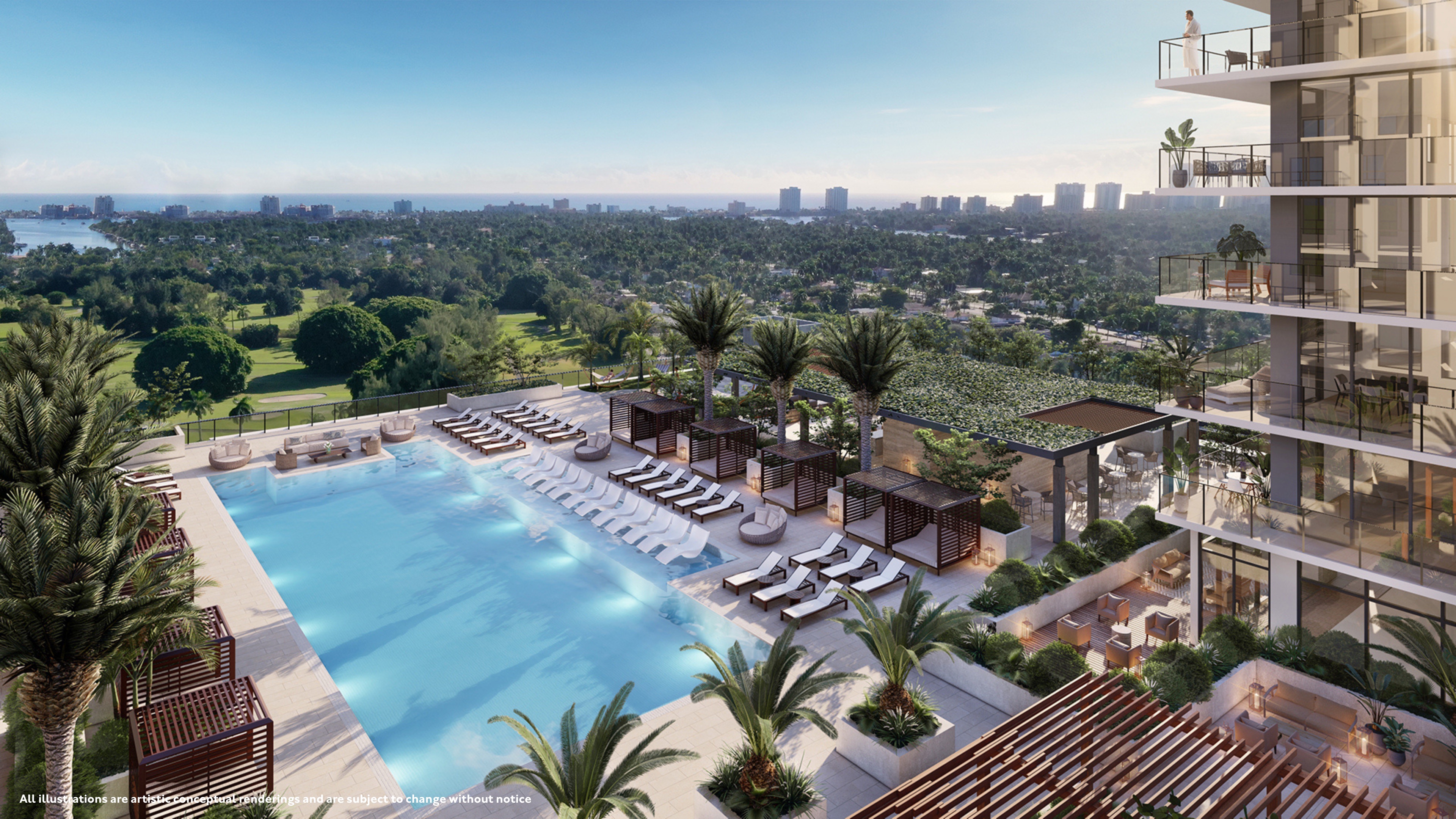 Pool deck com palmeiras e cabanas.