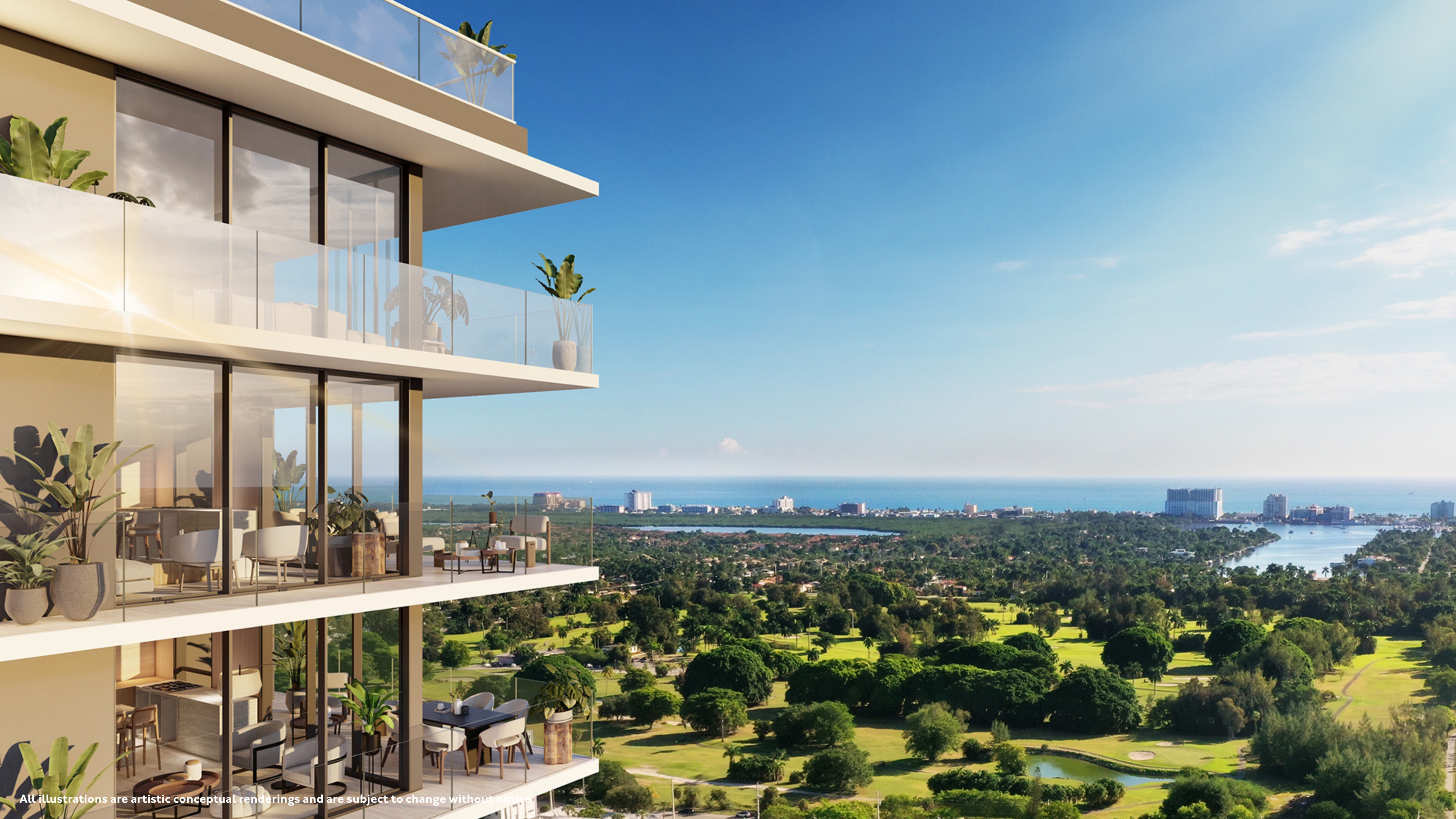 Vista panorâmica da varanda do Gaia Residences ao entardecer — Hollywood Beach Golf Club e Atlântico ao fundo.