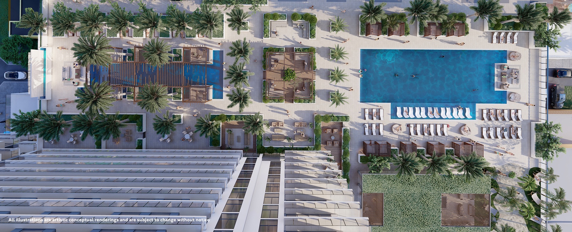 Vista aérea de quase 2 acres de amenidades — pool deck, jardins e cabanas.