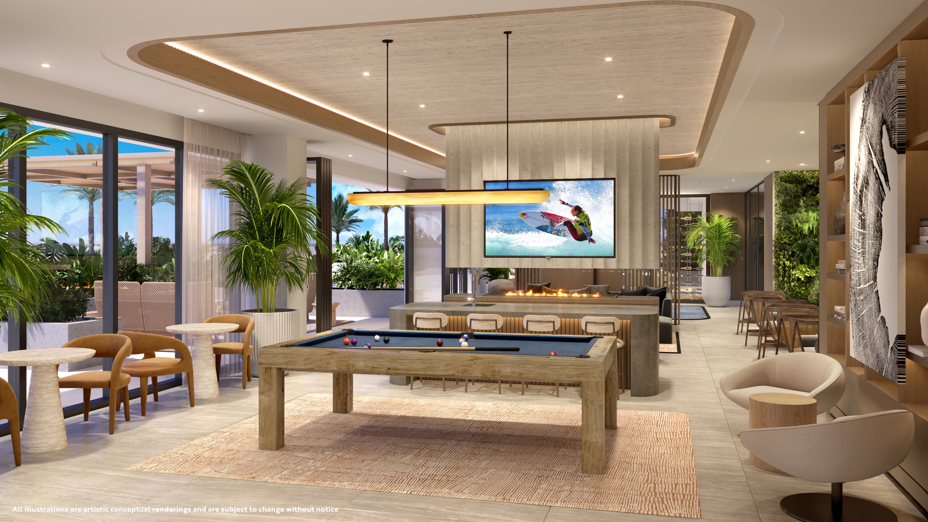 Billiard Lounge com bar e assentos de banquete.