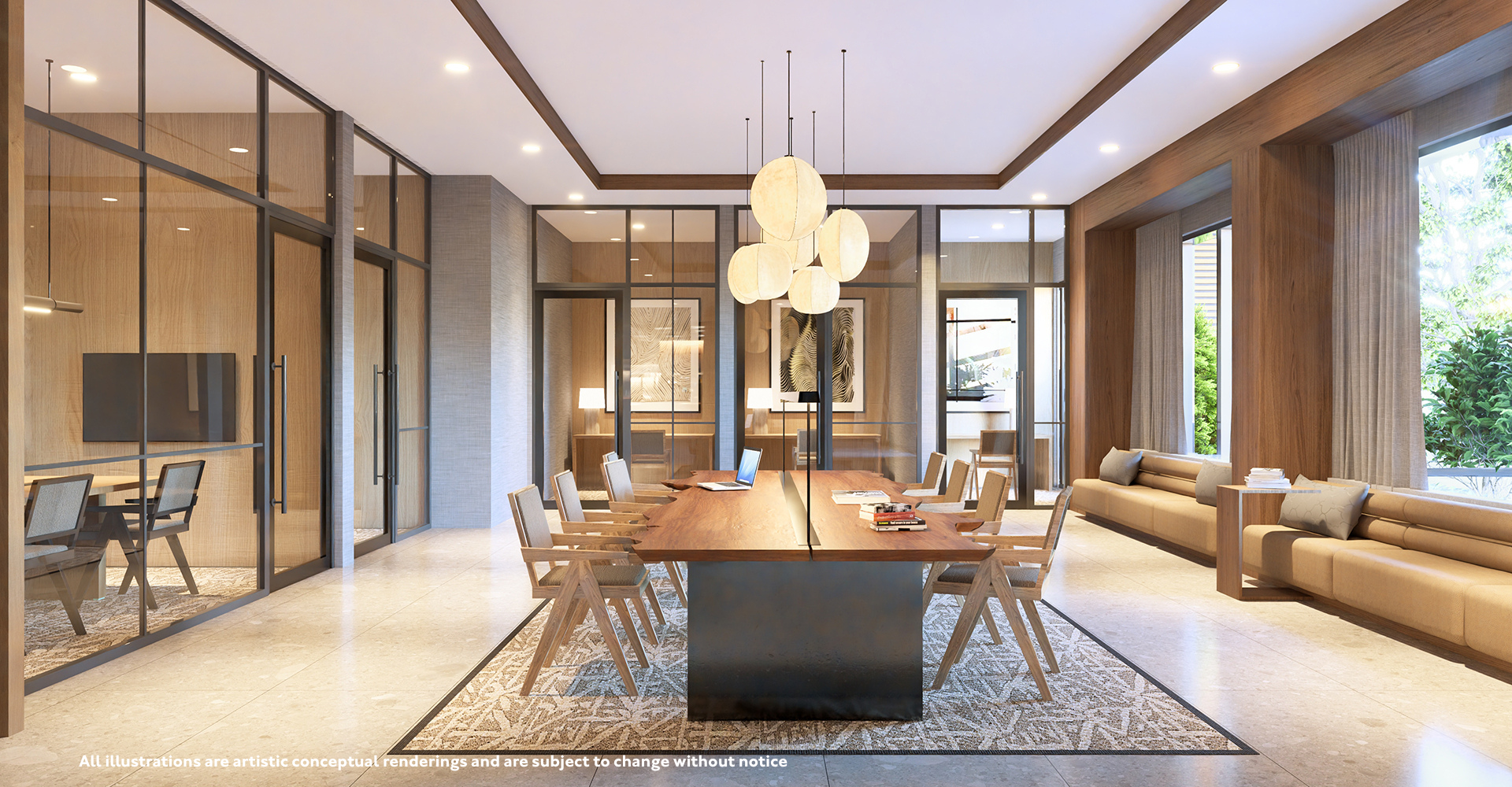 Coworking lounge com áreas privadas e zoom pods.